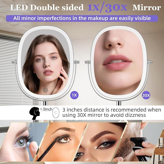 FUNTOUCH 30X/1X Wall Mounted Lighted Makeup Mirror,5000mAh Rechargeable Double Sided Magnifying Bathroom Lighted Mirror, 3 Color Modes Touch Dimmable Extended Arm 360 Rotation, Chrome