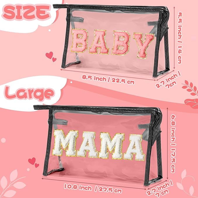 CY2SIDE MAMA Baby Bag Set - 2PCS Clear MAMA Letter Patch Makeup Bag with Handle for Travel Cosmetic Pouch for Toiletries Waterproof Travel Organizer Baby Reveal Gift Mothers Day Gift Black
