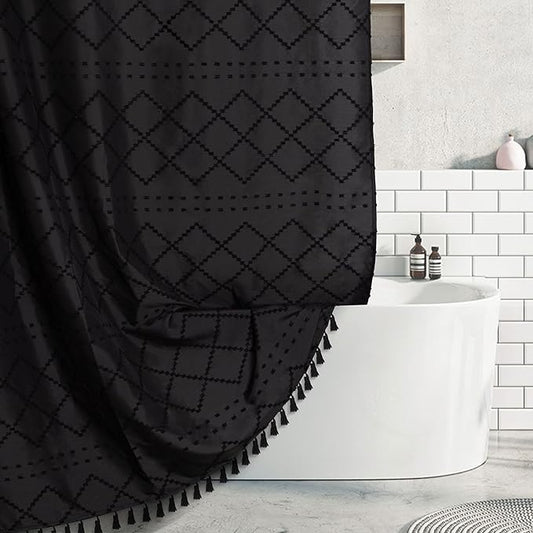 Extra Long Boho Black Shower Curtain with Tassels, 72 x 96, Tufted Chevron Striped Chenille Woven Fabric Cloth Shower Curtain Modern Farmhouse Minimalist, Shabby Chic Textured for Bathroom