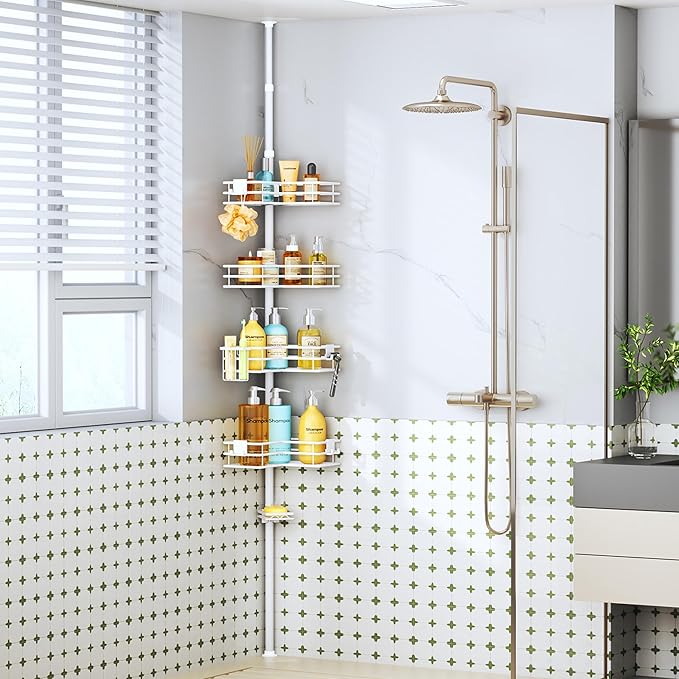 HapiRm Corner Shower Caddy Organizer - Shower Organizer Corner with Soap Holder, Toothbrush Holder and 4 Hooks, Rustproof Bathroom Shelf Tension Pole Available for 27.6 to 108.3 Inch - White