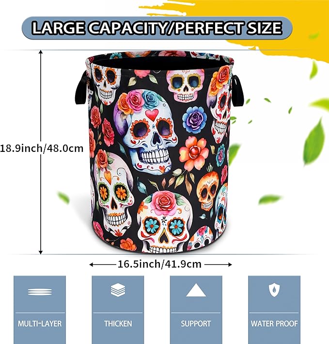 Sugar Skull Laundry Basket Skeleton Foldable Waterproof Oxford Cloth Funny Tote Bag Laundry Hamper Clothes Storage Bucket Toy Organizer For Bathroom/Laundry Storage/Bedroom 18.9x16.5 Inch