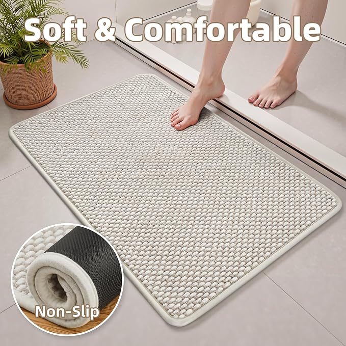 PADOOR-Bath Mat-Super Absorbent Chenille Bathroom Mats-Rubber Backed Bath Mats for Bathroom Non Slip, Easy Clean Bathroom Rugs Front of Bathtub,Shower Room,Sink-17×35, Beige&Cream