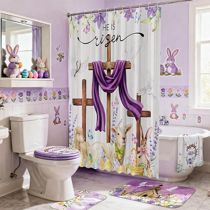 FuWeave 8 Pcs Easter He is Risen Shower Curtain Set for Bathroom Include Christian Lamb Cross Bunny Egg Shower Curtain Towels Non Slip Rugs Toilet Lid Cover Bath Mat and 12 Hooks for Bathroom Decor