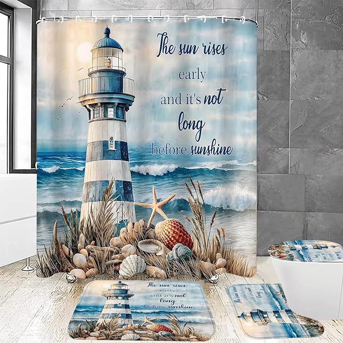 Chrainy 4Pcs Nautical Lighthouse Shower Curtain Sets Sea Seashell Bathroom Set Decor with Non-Slip Rugs Bath U-Shaped Mat Toilet Lid Cover Starfish Lighthouse Bathroom Curtain Shower Set with 12 Hooks