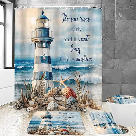 Chrainy 4Pcs Nautical Lighthouse Shower Curtain Sets Sea Seashell Bathroom Set Decor with Non-Slip Rugs Bath U-Shaped Mat Toilet Lid Cover Starfish Lighthouse Bathroom Curtain Shower Set with 12 Hooks