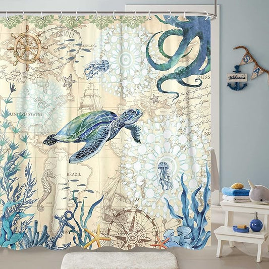 Aipon Nautical Sea Turtle Shower Curtain Octopus Ocean Teal Fish Animal Seashell Jellyfish Theme Extra Long Fabric Waterproof Shower Curtains for Bathroom Bath Curtain Decor (72'' × 78'', Teal)