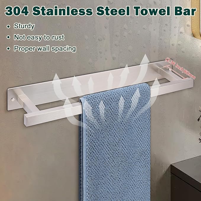 Self Adhesive Towel Bar, 16 Inch Square Towel Racks for Bathroom Wall Mounted SUS304 Stainless Steel Towel Hanger for Kitchen, No Drill or Screw-Mounted Towel Holder (Brushed Nickel)