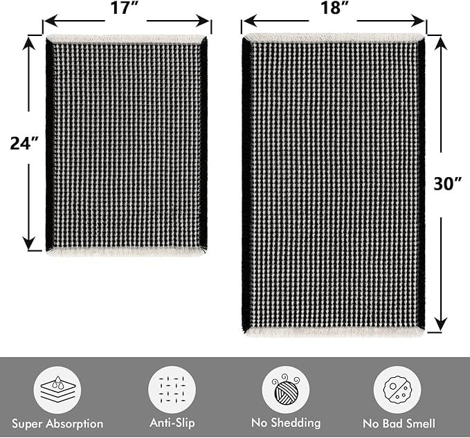 MIULEE Set of 2 Waffle Bathroom Rugs, Boho Bath Rugs Non Slip Washable, Super Absorbent Bath Mats, Ultra Soft Rubber Backed Shower Mats for Bathroom Floor, Tub, Black & Cream, 17"x24"+18"x30"