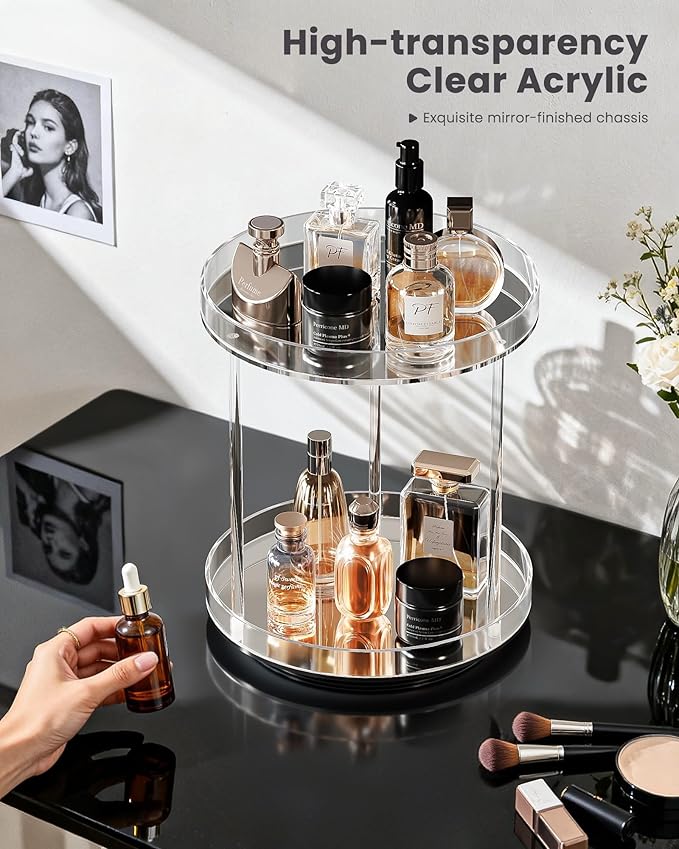 Lolalet 360 Degree Rotating Acrylic Perfume Organizer Stand, 2 Tiers Clear Perfumes Holder Display Rack, Makeup Skincare Organization for Vanity Bathroom Countertop -Large, Clear