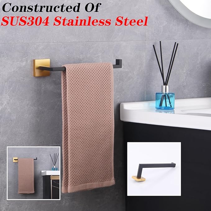 GERZWY Modern Towel Holder Contemporary Style Stainless Steel Towel Hanger Towel Ring for Bathroom Wall Mount (Black & Gold) IG1806-BD