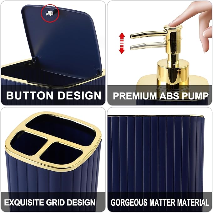 XLHOMO Bathroom Accessories Set - Gorgeous Bathroom Set, 10PC Navy Blue Bathroom Accessory Set, Toilet Brush, Trash Can, Qtip Holder & Soap Dispenser