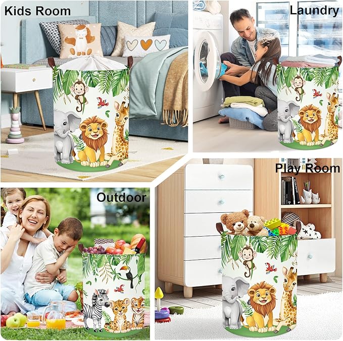 Jungle Animals Laundry Hamper Large Storage Basket Cartoon Wild Zoo Collapsible Parents Organizer Kids Toy Clothes Bins for Bedroom, Bathroom, Lion, 63L
