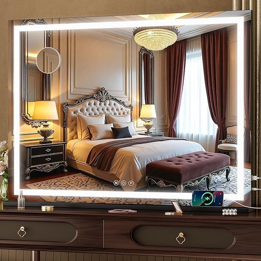 Hasipu Vanity Mirror with Lights, 32" x 24" LED Makeup Mirror, Lighted Makeup Mirror with Dimmable 3 Modes, Touch Screen Control Vanity Mirror Square Black