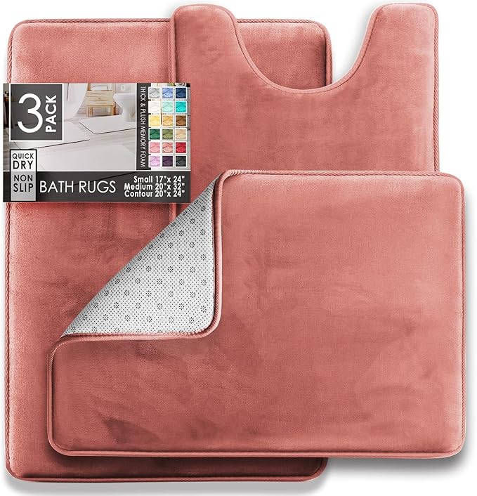 Clara Clark 3 Piece Bathroom Rugs Bath Mat Set, Velvet Memory Foam Bath Mats for Bathroom - Non-Slip, PVC Backing Bath Rugs, Washable - Dries Quickly, Rose