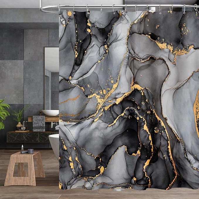 4PCS Black Grey Marble Bathroom Sets with Shower Curtain and Rugs, Abstract Shower Curtain Sets with Rugs, Modern Bathroom Curtains Shower Set Accessories with Toilet Lid Cover