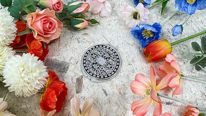 Portable Makeup Compact Double Magnifying Mirror Cosmestic Foldable Pocket Style Unique Mother of Pearl Design (Ivy)