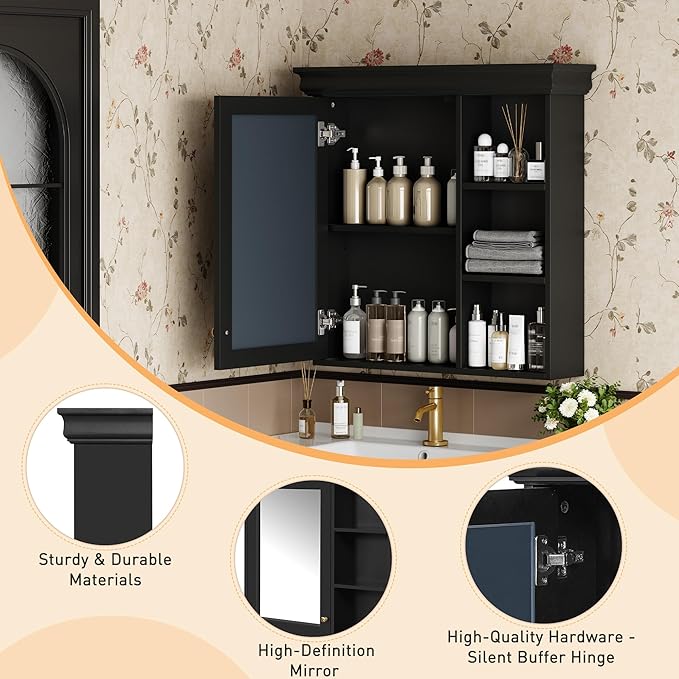 Merax Modern Bathroom Medicine Cabinet with Mirror, 30" x 28" Wall Mounted Medicine Cabinet with Storage and Open Shelves, Over The Toilet Mirrored Wall Storage