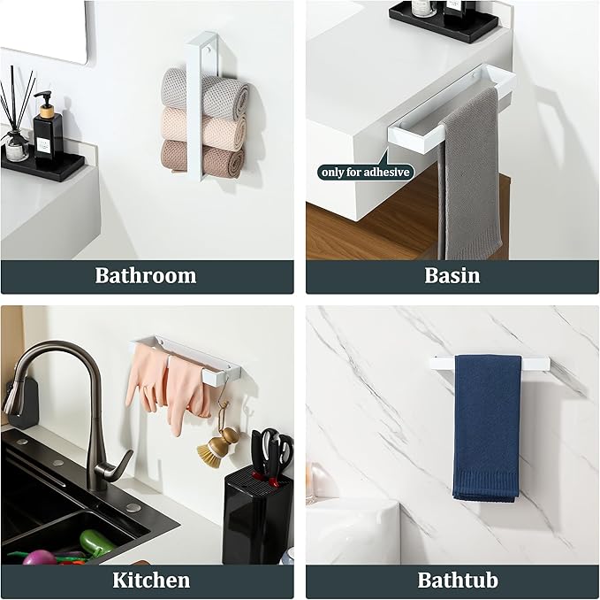 Sayayo White Towel Bar for Bathroom, 12 Inch Hand Towel Holder Wall Mount, Screw or Self Adhesive Towel Ring Square SUS304 Stainless Steel, 3.2 Inch Wide