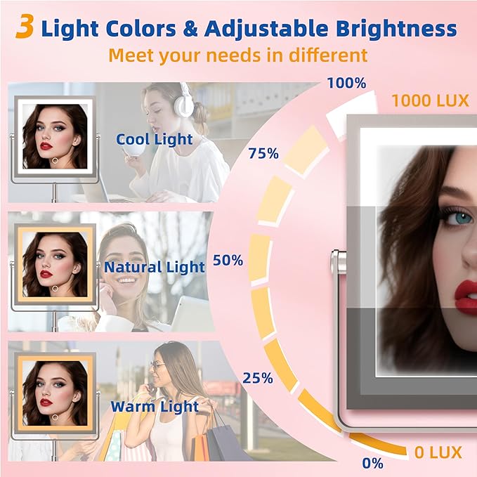 Ruacq Makeup Mirror with Lights, 4000mAh Rechargeable Magnifying Mirror with Light, 1X/10X, Height Adjustable Bathroom Vanity Mirror, 3 Colors, Adjustable Brightness (Brushed Nickel)