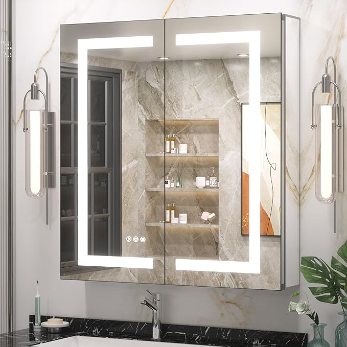 Keonjinn 30 x 32 Lighted Medicine Cabinet with Defogger and Outlets, Medicine Cabinet with Lights 3 Colors Dimmable with Adjustable Shelves Tempered Glass Surface or Recessed Mount Mirror with Storage