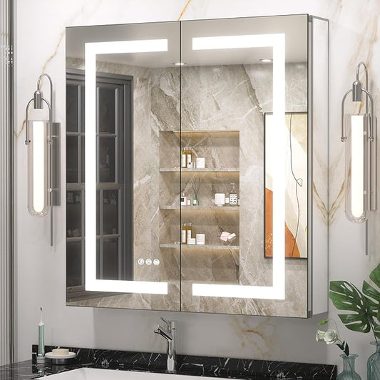 Keonjinn 30 x 32 Lighted Medicine Cabinet with Defogger and Outlets, Medicine Cabinet with Lights 3 Colors Dimmable with Adjustable Shelves Tempered Glass Surface or Recessed Mount Mirror with Storage