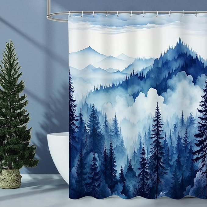 Navy Blue Extra Long Misty Pine Forest Shower Curtain 72 x 84, XL Mountain Foggy Woodland Scenery Tree Shower Curtains for Bathroom, Abstract Waterproof Nature-Themed Decor