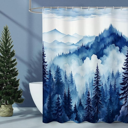 Navy Blue Extra Long Misty Pine Forest Shower Curtain 72 x 84, XL Mountain Foggy Woodland Scenery Tree Shower Curtains for Bathroom, Abstract Waterproof Nature-Themed Decor