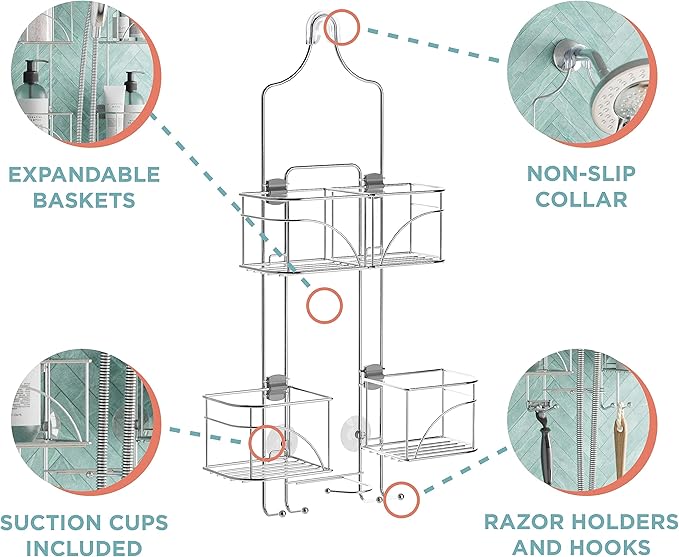 Zenna Home Shower Caddy Hanging Bathroom Organizer, Steel Shower Shelves with 4 Sliding Baskets and Built in Hooks, Accomodates Hose for Handheld Shower Head Storage System, Chrome