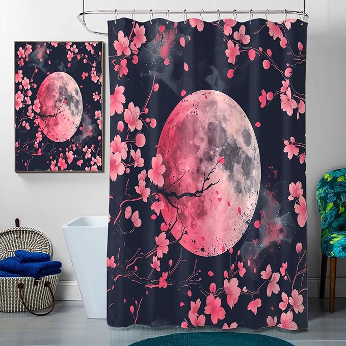 Cherry Blossoms Bathroom Shower Curtain Set with Rug, Toilet Lid Cover and Bath Mat, Pink Moon Japanese Anime Bathroom Shower Curtain with 12 Hooks Accessories Decorative