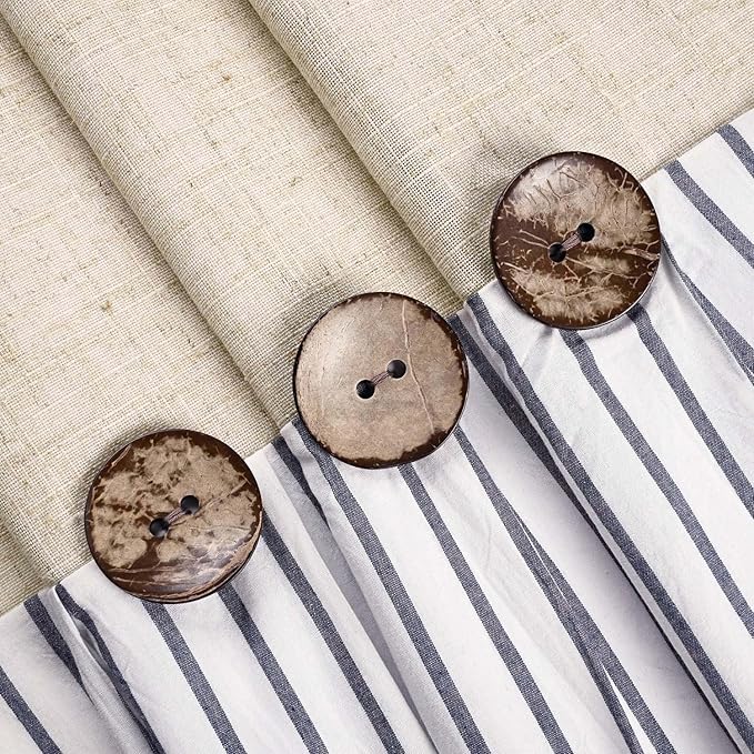 Farmhouse Shower Curtain, Beige and Blue Stripe, Button Curtain, Linen and Cotton Woven Fabric, Rustic Charm Country Chic Style, 72x72 in