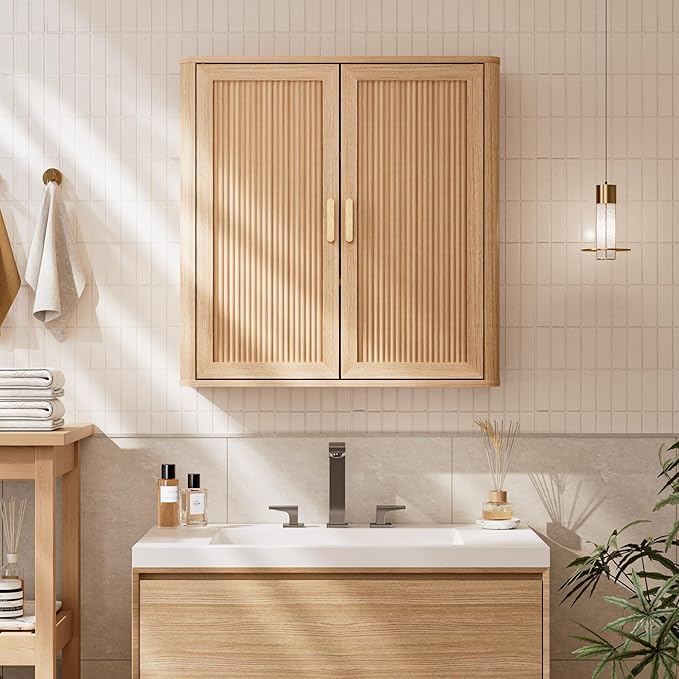 INNOD Bathroom Storage Cabinet, Over The Toilet Storage Cabinet, Medicine Cabinet with Adjustable Wood Shelf & Doors for Laundry Room & Kitchen & Living Room (Natural Oak)