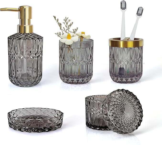 LaMarriti Gray Bathroom Accessories Set, 5Pcs Clear Glass Bathroom Sets, Soap Dispenser, Soap Dish, Toothbrush Holder Set, Cotton Swab Jar, Black and Gold Accent for Vintage Bathroom Decor, Gift Set