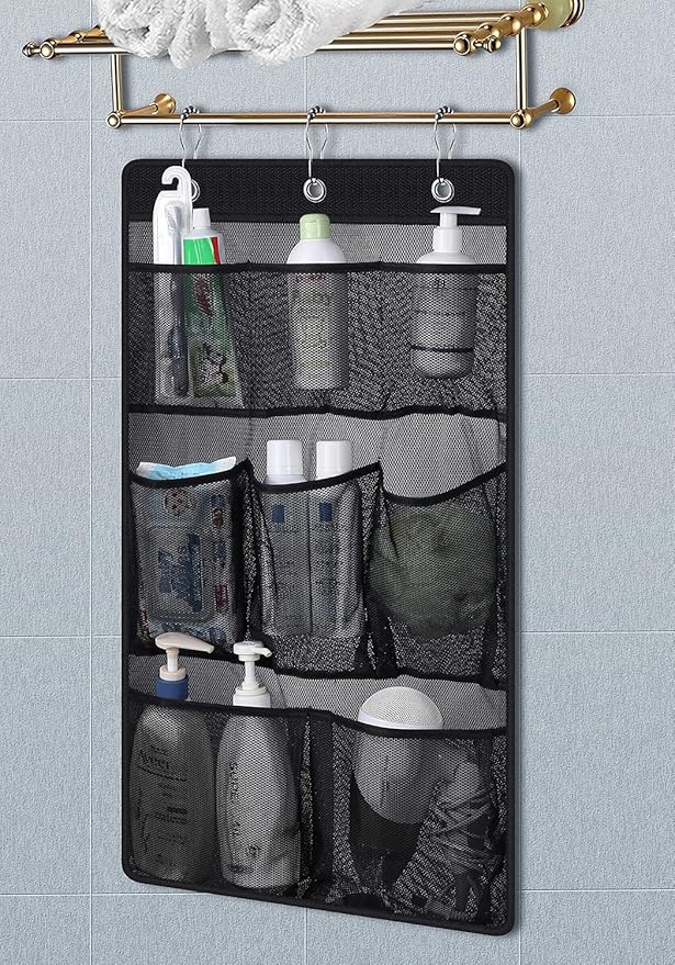 KIMBORA Mesh Shower Caddy Hanging Bathroom Organizer Storage with 2 Large Pockets 3 Rings Hang Curtain Rod for Dorm Cruise RV, Black