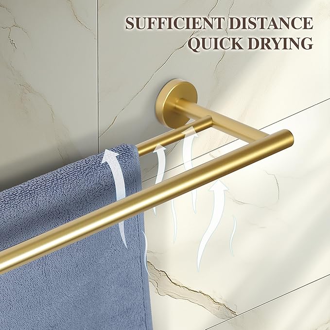 SEIDO Double Towel Bar for Bathroom Wall 24”L, 304 Stainless Steel Gold Towel Bar, 2-Bar Design Bathroom Towel Rack, Brushed Gold, 24 inch