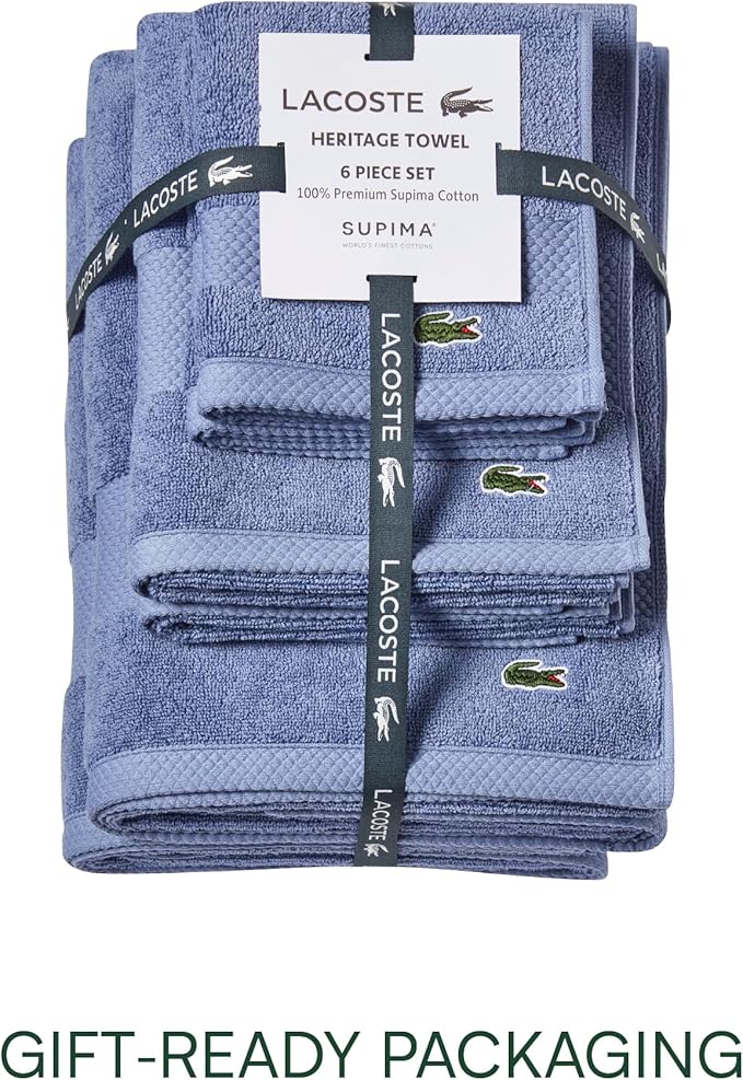 Lacoste Heritage Anti-Microbial Supima Cotton 6-Piece Towel Set, 2 Bath Towels, 2 Hand Towels, 2 Washcloths, Light Denim – Highly Absorbent & Quick Drying, Bathroom Essential, Machine Washable
