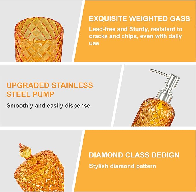 LaMarriti Orange Bathroom Accessories Set, 4Pcs Clear Glass Bathroom Accessory Set, Lotion Soap Dispenser, Toothbrush Holder Set, Soap Dish, Qtip Holder for Vintage Crystal Bath Decor, Burnt Orange