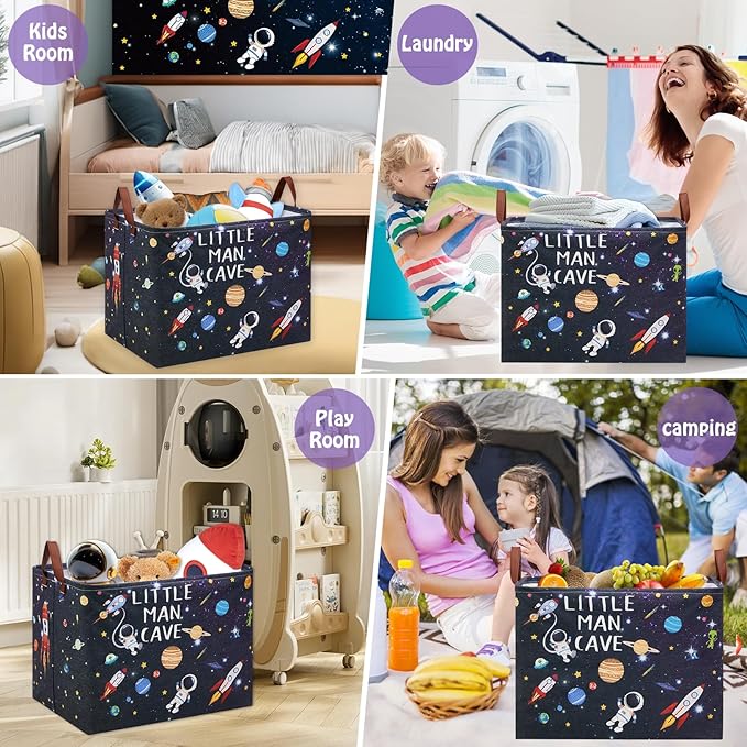 Astronaut Rockets Nursery Laundry Hamper,Space Storage Basket with Inspirational Quotes,Planets Boy Room Decor Shelf Basket ,Rectangular Clothes Book Toy Storage Bin (Black)