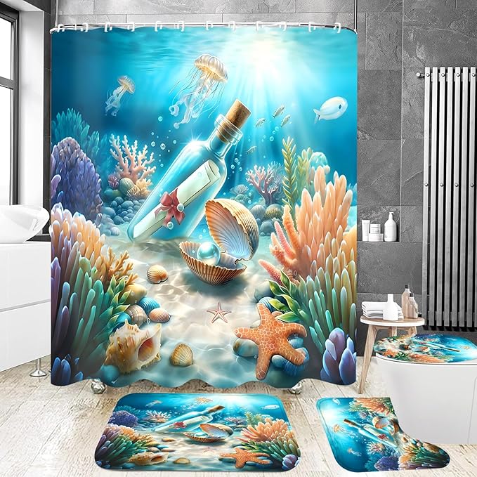 Yizheer 4Pcs Drift Bottle Shower Curtain Sets,Shell Pearl Jellyfish Ocean Scenery Marine Theme Bathroom Curtain with Rugs, Toilet Lid Cover and Bath Mat