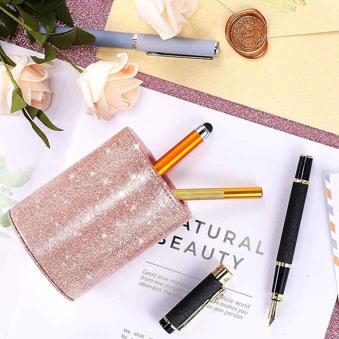 Outus PU Glitter Pen Holder Pencil Cup Rose Gold Shiny for Women Girls, Luxury Makeup Brush Holder Pu Leather Organizer Cup Gift for Desk Office Classroom Home