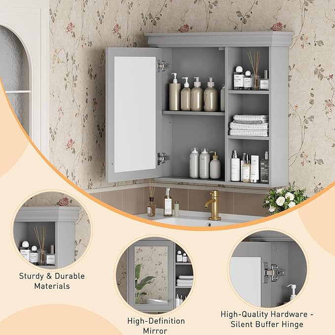 Merax Modern Bathroom Medicine Cabinet with Mirror, 30" x 28" Wall Mounted Medicine Cabinet with Storage and Open Shelves, Over The Toilet Mirrored Wall Storage