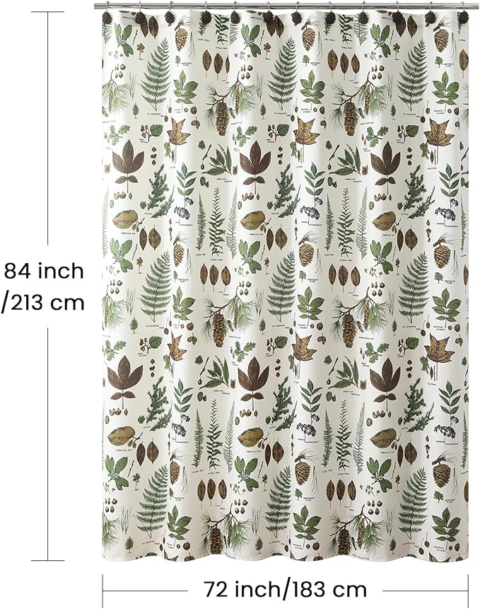 Extra Long Fabric Shower Curtain, Brown and Green Natural Botanical Leaf Pinecone Print Shower Curtains for Bathroom, 72" W x 84" H