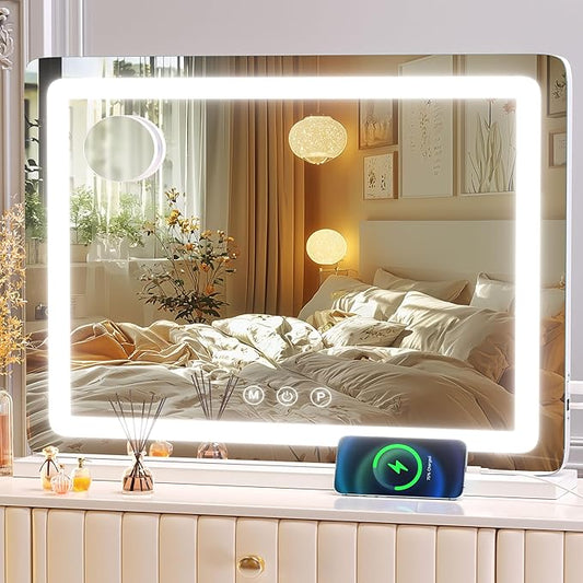 Gvnkvn Makeup Vanity Mirror 24" x 19" Large LED Makeup Mirror, Desk Mirorr with Lights, Light up Mirror with 10X Magnification and, Dimmable 3 Modes, Touch Control White