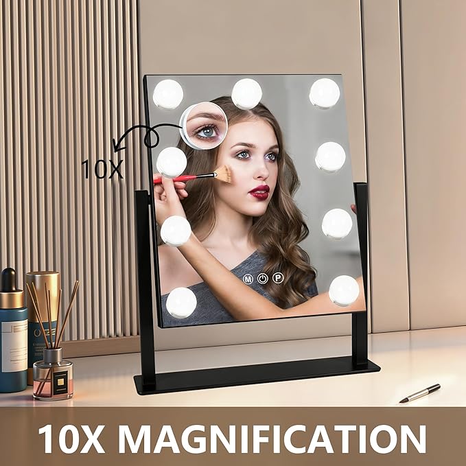 Moonee Black Vanity Mirror with Lights, Hollywood Lighted Makeup Mirror with 9 Dimmable Bulbs and 10X Magnification 360°Rotation, 3 Colors Modes, Light Up Mirror for Tabletop（12" x 14"）
