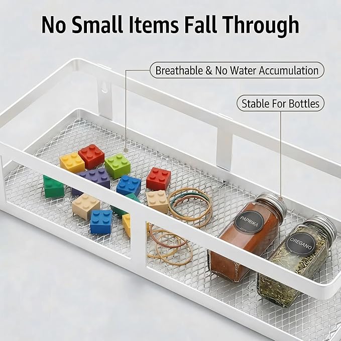 PUSDON 2-Pack Minimalist Shower Caddy Wall Mount, Open Frame Bathroom Shelf Organizer with Mesh Base, Rustproof Floating Spice Rack for Kitchen, Holds 50 LBS, 4 Hooks - White, Guardrail