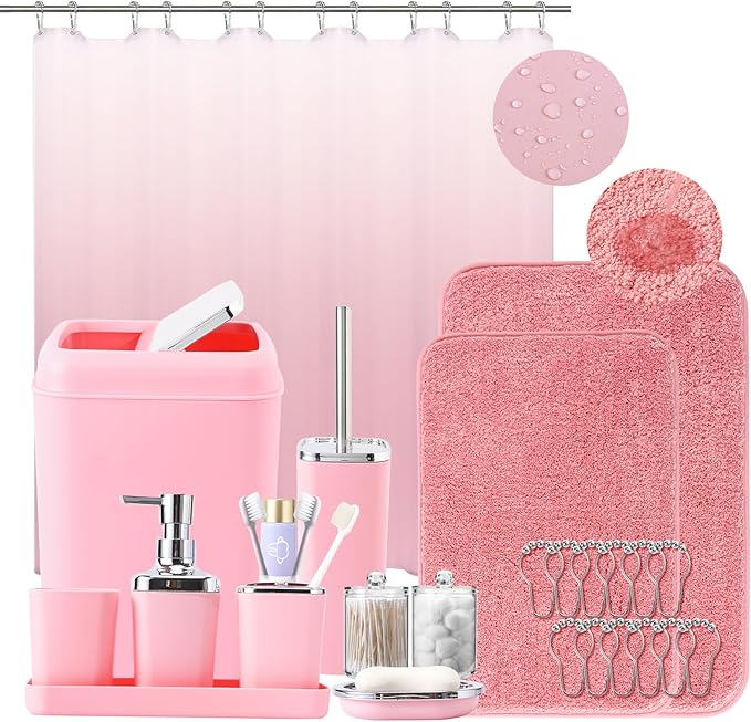 XLHOMO Bathroom Accessory Set–Bathroom Sets with Shower Curtain and Rugs, Non Slip Bathroom Rugs Super Absorbent, Pink Ombre Waterproof Shower Curtain with Hooks, Pink Bathroom Sets Complete for Home