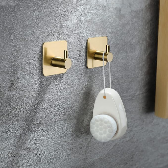 Taozun Golden Towel Bar Set- Self Adhesive Towel Holder + 2 Packs Towel Hooks Bathroom Accessories, 16-Inch Towel Rack for Bathroom Stainless Steel Brushed Brass New