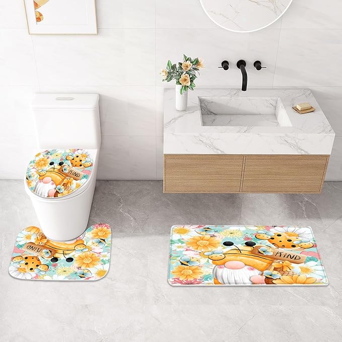 Litabel 4 Pcs Sping Gnomes Shower Curtain Set with Non-Slip Rugs, Toilet Lid Cover and Bath Mat, Boho Floral Bathroom Decor Set with Shower Curtain and Rugs(Hooks Not Included)