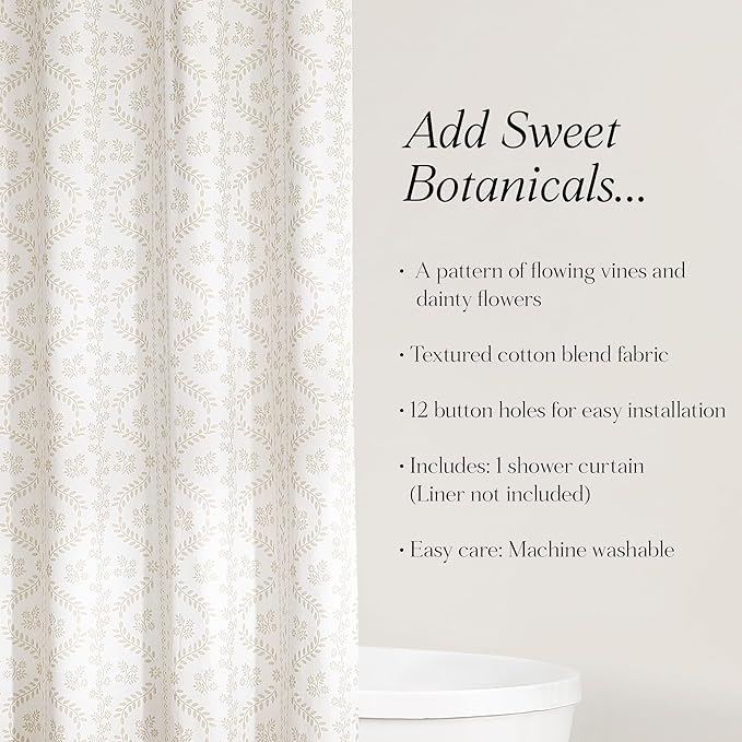 Lush Decor Doreen Delicate Floral Linen Textured Shower Curtain Single 72" W x 72" L Neutral - Floral Shower Curtains for Bathroom - Bathroom Curtain