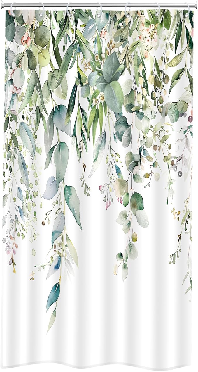 Riyidecor Small Stall RV Eucalyptus Shower Curtain for Bathroom Decor 36Wx72H Single Half Narrow Green Leaves Plants Watercolor Botanical Art Printed Fabric Polyester Waterproof 7 Pack Plastic