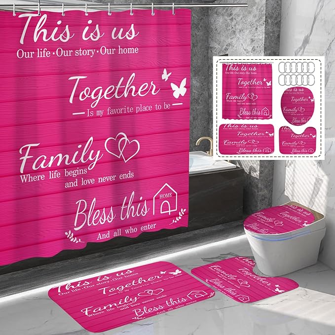 juwute 4Pcs Family Shower Curtain Sets with Non-Slip Rugs, Toilet Lid Cover and Bath Mat, Pink Home Bathroom Decor Set Accessories Waterproof Shower Curtains with 12 Hooks, 72 x 72 Inch